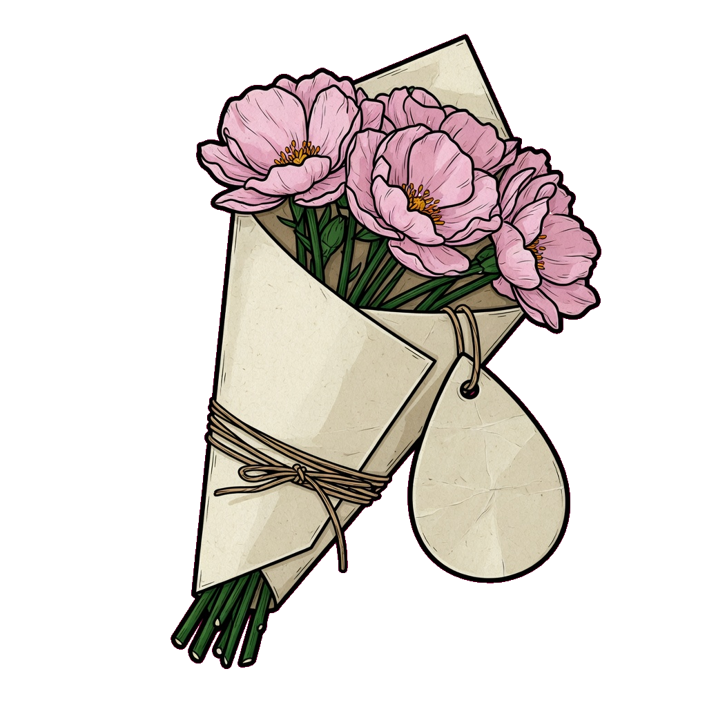 A hand-tied wrapped bouquet in kraft paper and twine, pink blooms and green stems showing